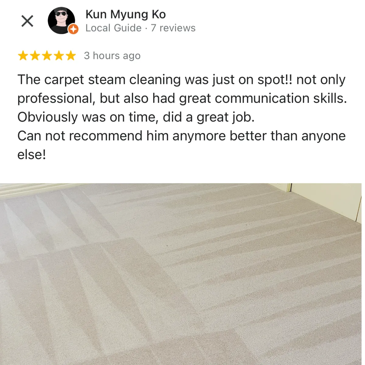 Five-star Google review from Kun Myung Ko, shown with Green Lion's photos from the job