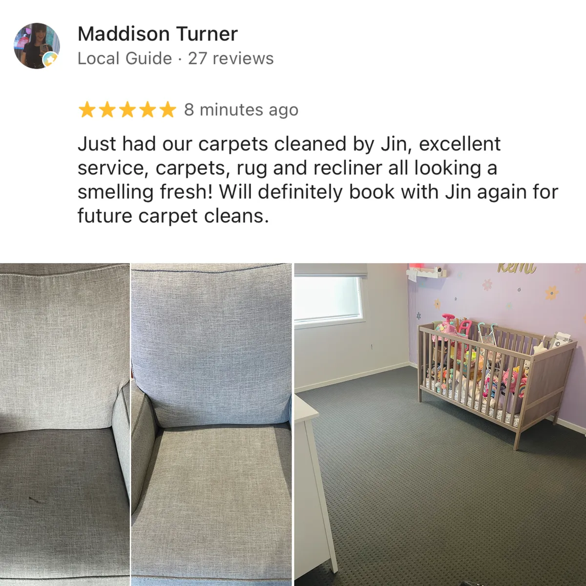 Five-star Google review from Maddison Turner, shown with Green Lion's photos from the job