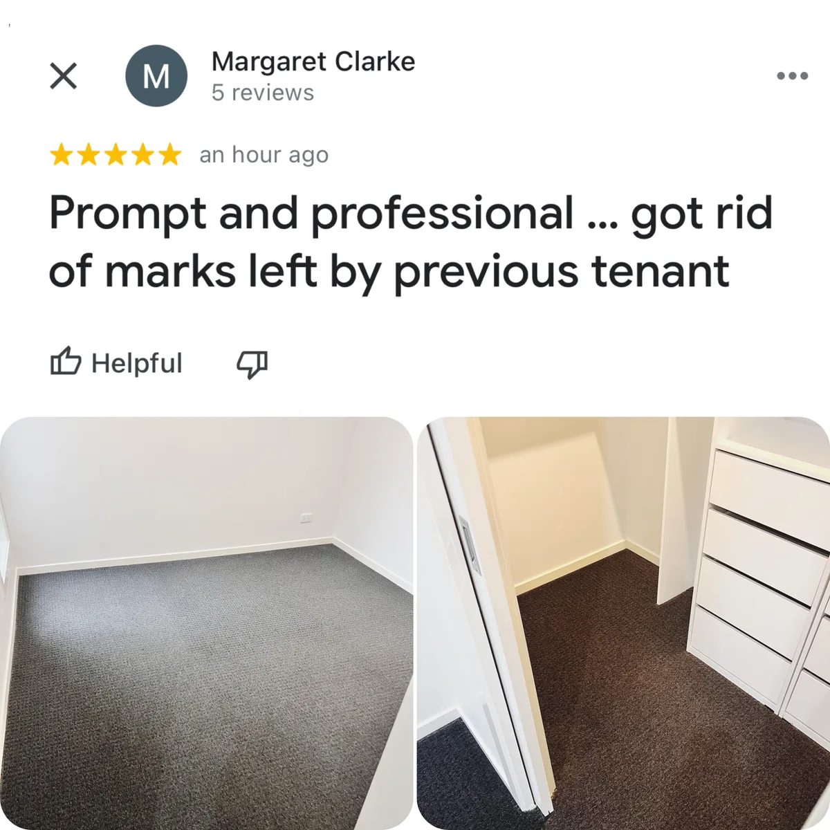 Five-star Google review from Margaret Clarke, shown with Green Lion's photos from the job