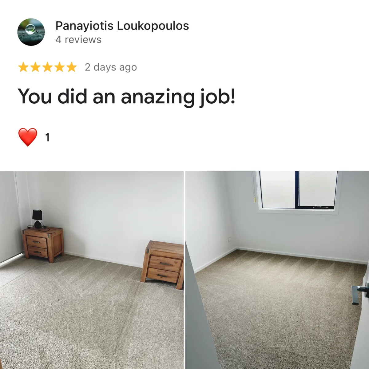 Five-star Google review from Panayiotis Loukopoulos, shown with Green Lion's photos from the job