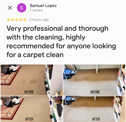 Five-star Google review from Samuel Lopez with their own before and after photos of the clean