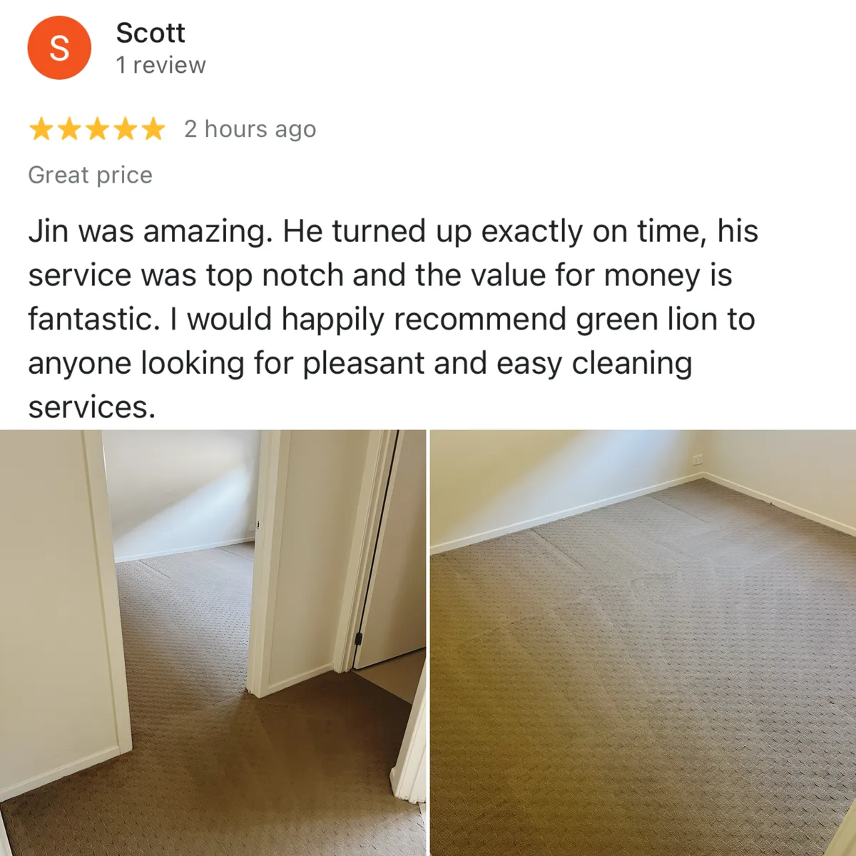 Five-star Google review from Scott, shown with Green Lion's photos from the job