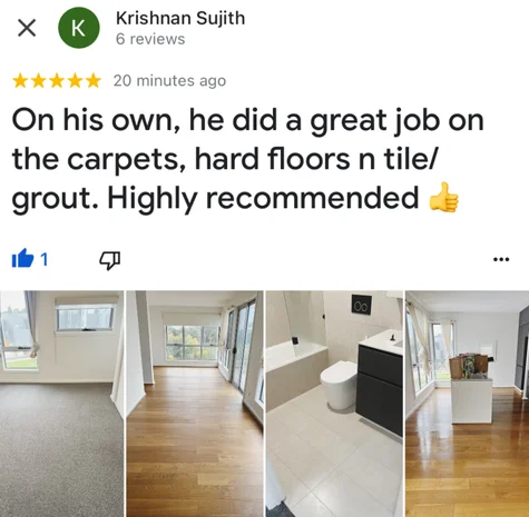 Five-star Google review from Krishnan Sujith with their own before and after photos of the clean