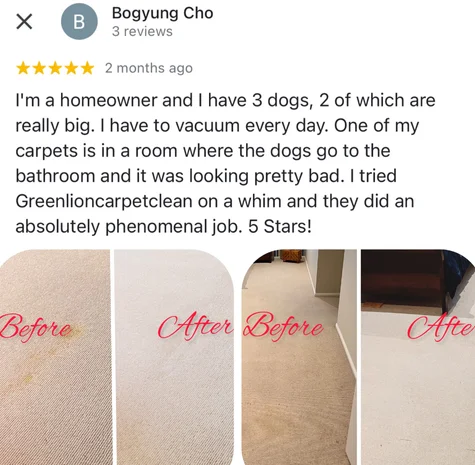 Five-star Google review from Bogyung Cho with their own before and after photos of the clean
