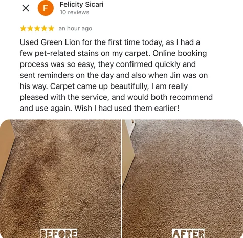 Five-star Google review from Felicity Sicari with their own before and after photos of the clean