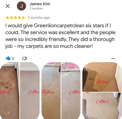 Five-star Google review from James Kim with their own before and after photos of the clean