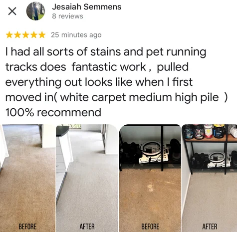Five-star Google review from Jesaiah Semmens with their own before and after photos of the clean