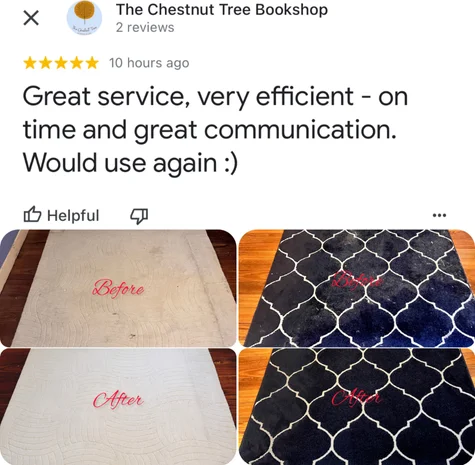 Five-star Google review from The Chestnut Tree Bookshop with their own before and after photos of the clean