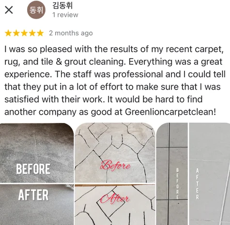 Five-star Google review from Donghwi Kim with their own before and after photos of the clean