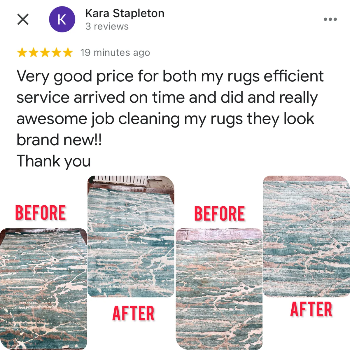 Five-star Google review from Kara Stapleton, shown with Green Lion's photos from the job