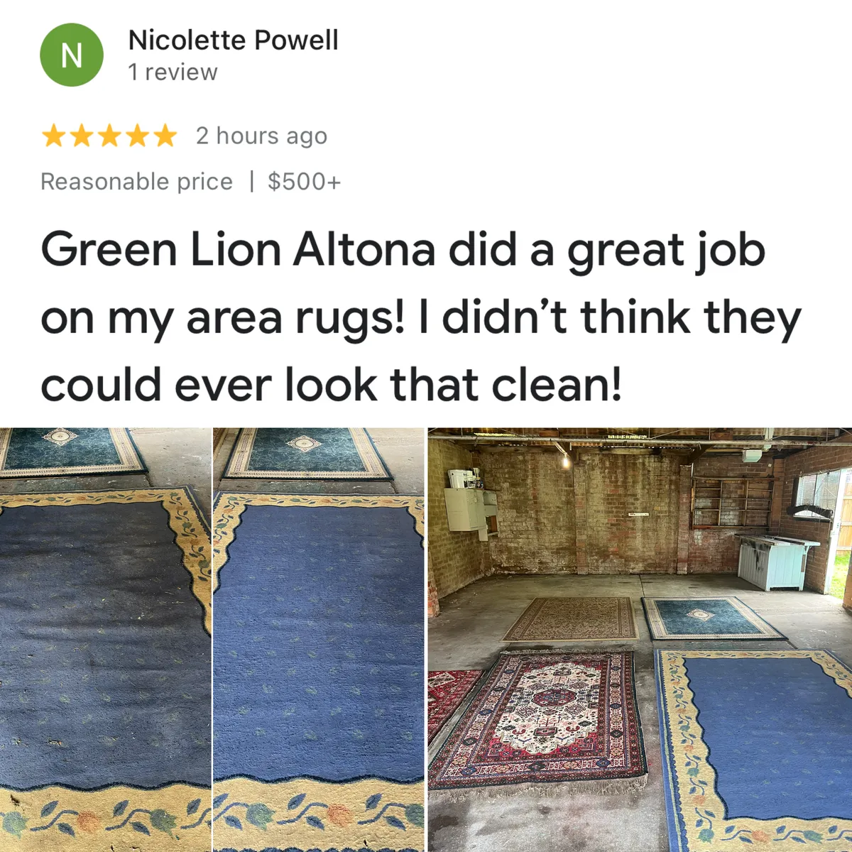 Five-star Google review from Nicolette Powell, shown with Green Lion's photos from the job