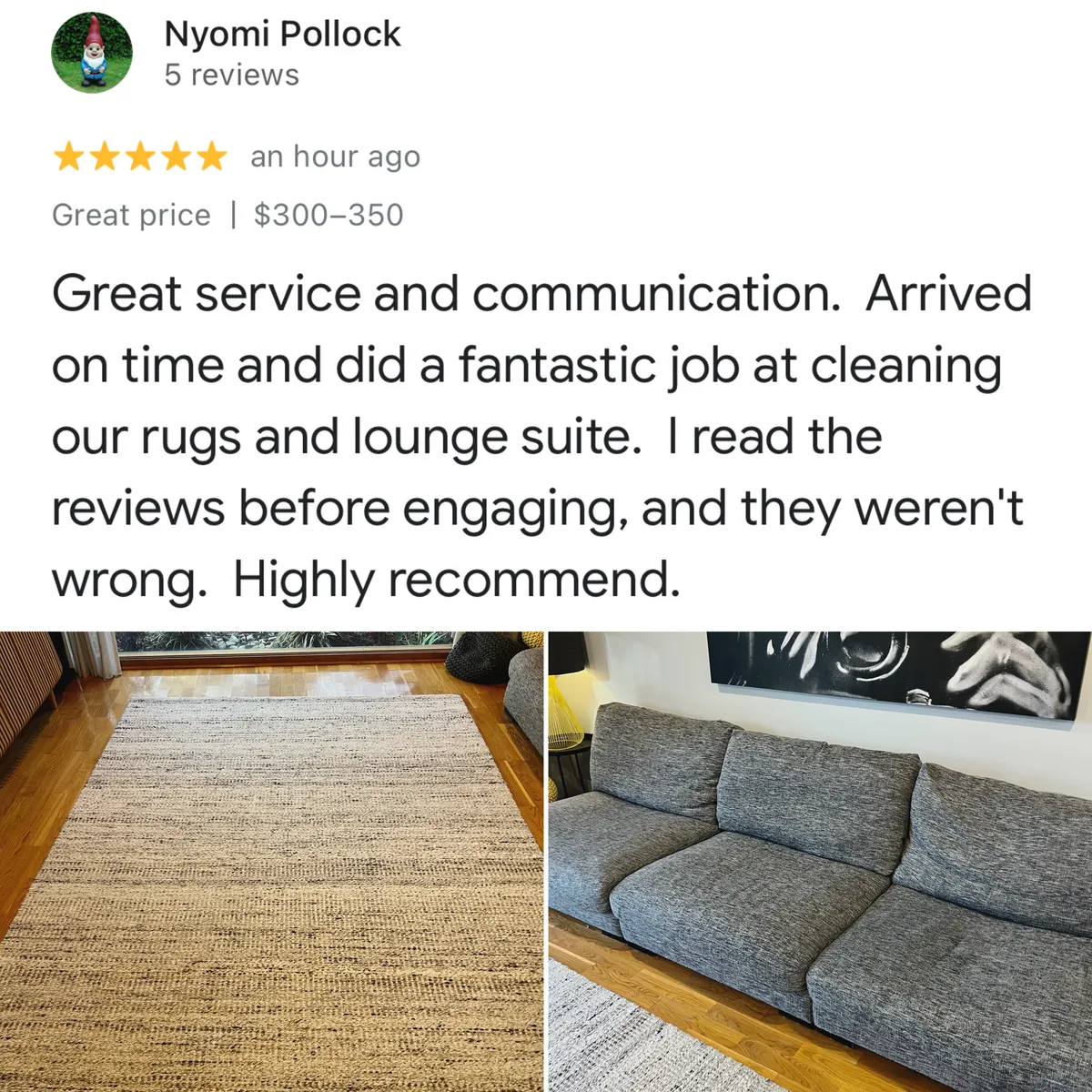 Five-star Google review from Nyomi Pollock, shown with Green Lion's photos from the job