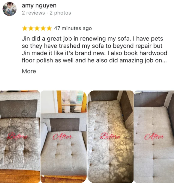 Five-star Google review from Amy Nguyen with their own before and after photos of the clean