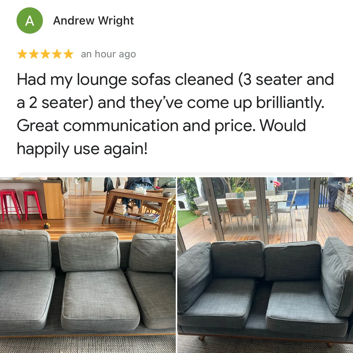 Five-star Google review from Andrew Wright, shown with Green Lion's photos from the job
