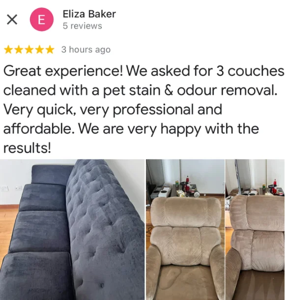 Five-star Google review from Eliza Baker with their own before and after photos of the clean