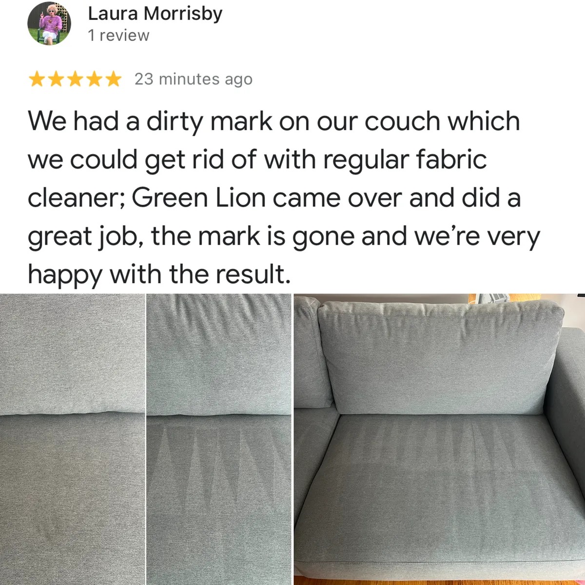 Five-star Google review from Laura Morrisby, shown with Green Lion's photos from the job