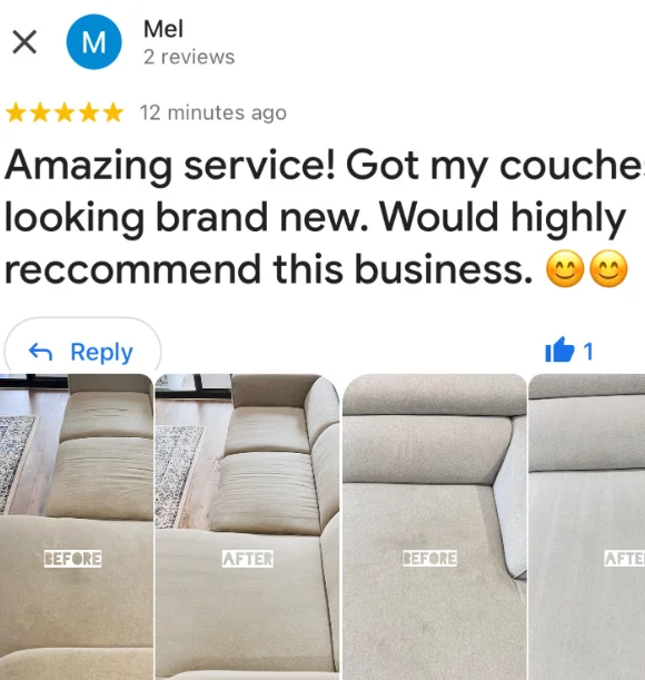 Five-star Google review from Mel with their own before and after photos of the clean