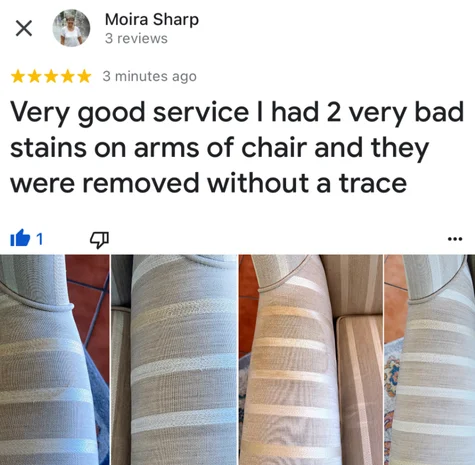 Five-star Google review from Moira Sharp with their own before and after photos of the clean