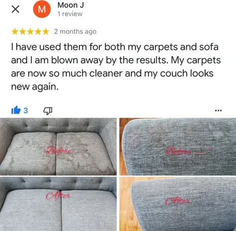 Five-star Google review from Moon J with their own before and after photos of the clean