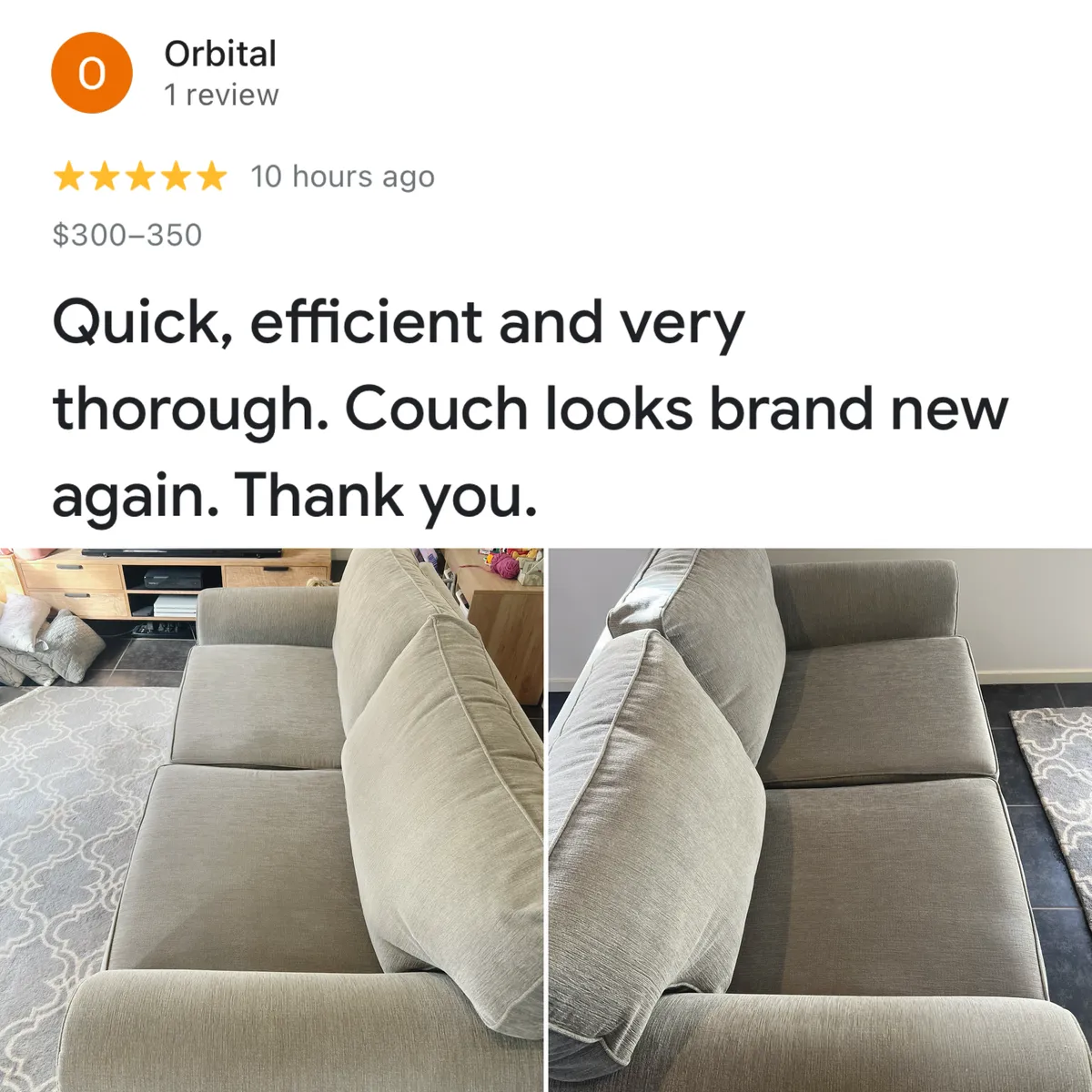 Five-star Google review from Orbital, shown with Green Lion's photos from the job