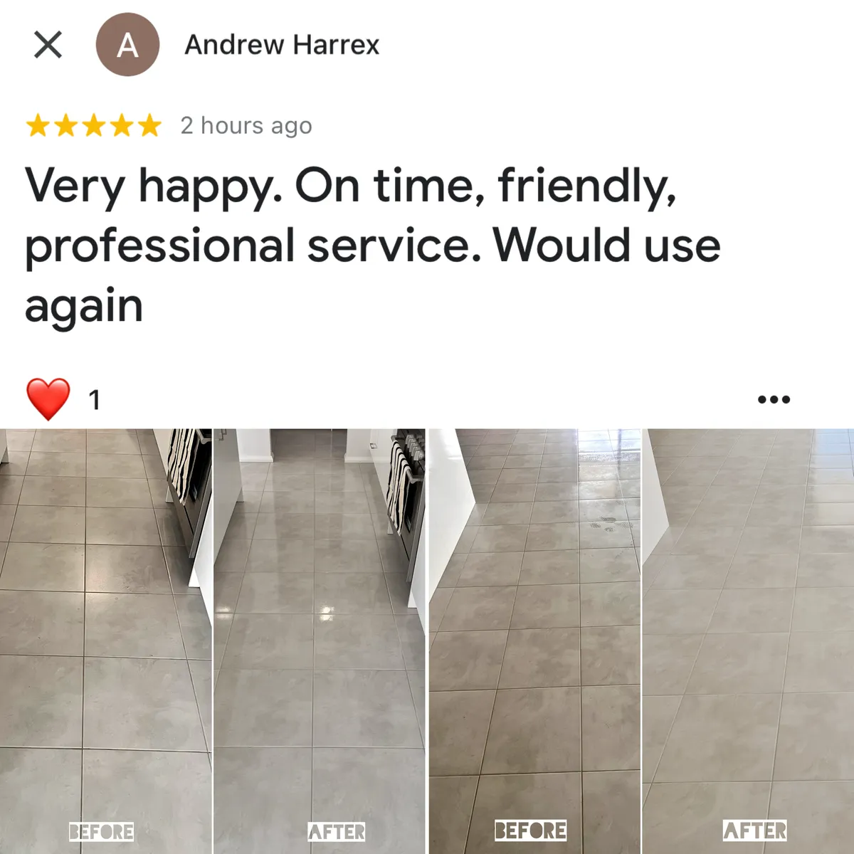 Five-star Google review from Andrew Harrex, shown with Green Lion's photos from the job