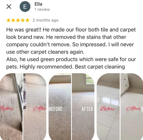 Five-star Google review from Ella with their own before and after photos of the clean