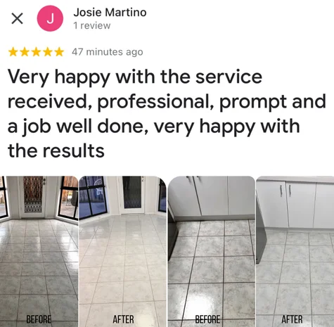 Five-star Google review from Josie Martino with their own before and after photos of the clean