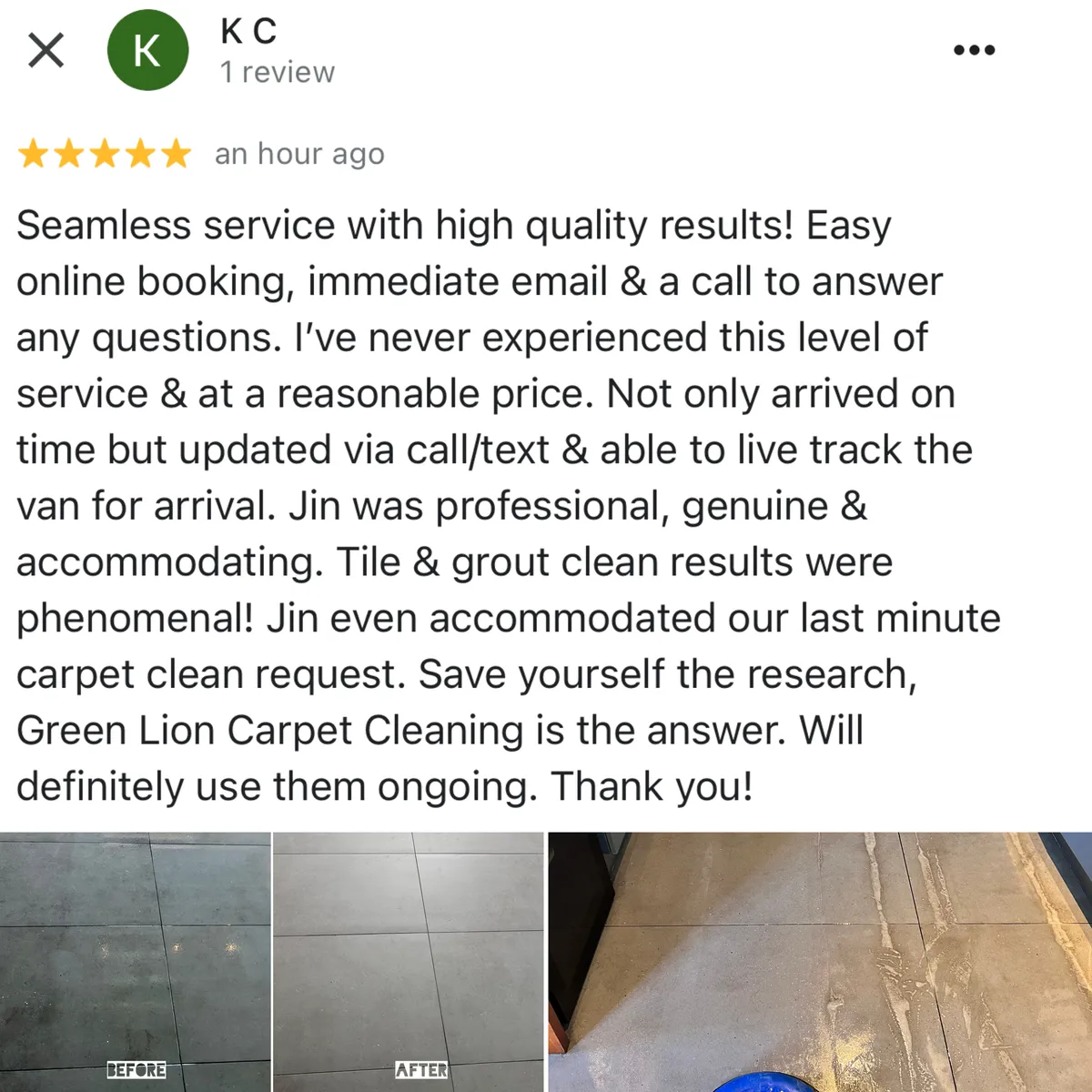 Five-star Google review from K C, shown with Green Lion's photos from the job