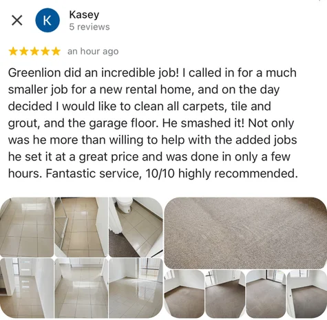 Five-star Google review from Kasey with their own before and after photos of the clean