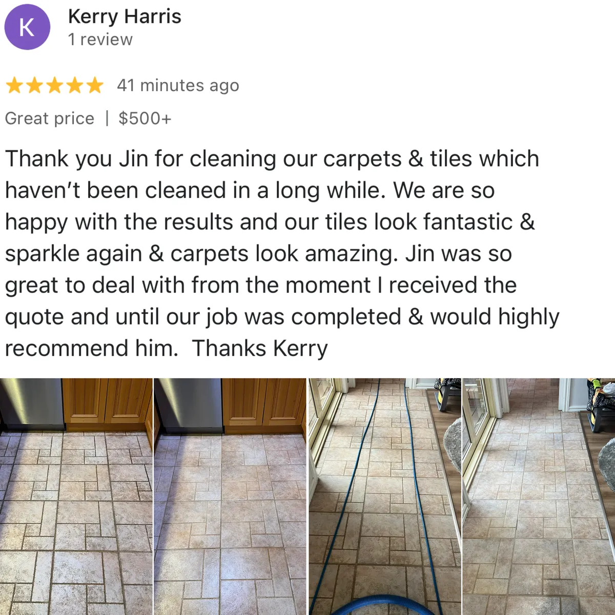 Five-star Google review from Kerry Harris, shown with Green Lion's photos from the job