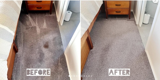 Carpet cleaning before and after photo showing grey carpet that was heavily stained and after clean looks like new