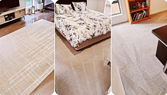 Carpet cleaning before and after photo showing cream coloured carpet that was stained and after clean looks like new