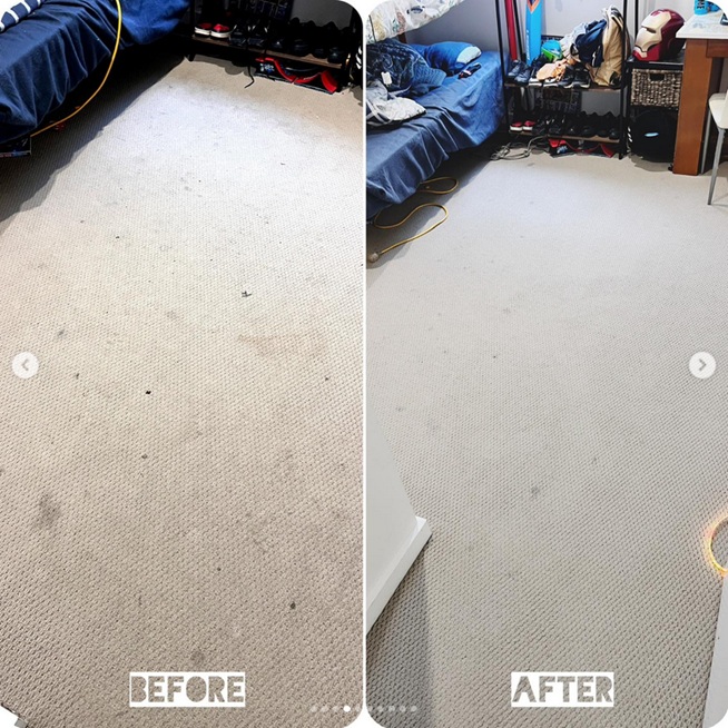 Carpet cleaning before and after photo showing carpet that was heavily stained and after clean looks 100% better