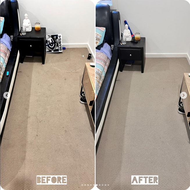 Carpet cleaning before and after photo showing carpet in a bedroom that was heavily stained and after clean looks like new