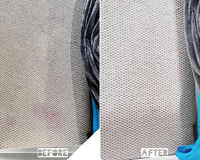 Before and after photo showing stained carpet and then a clean carpet after being cleaned using our dry carpet cleaning service.