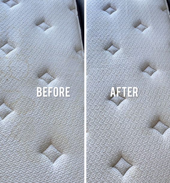 A before and after photo of a dirty mattress and then the results of the mattress being stain free after a clean.