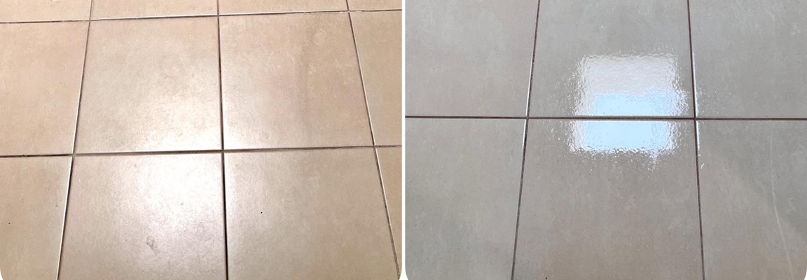 Bathroom grout and tile cleaning Before and after cleaning photo of the tiles and grout in bathroom floor